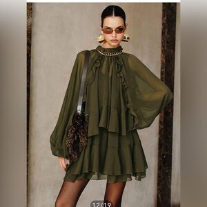 Commense Olive Green Ruffled Mini Dress